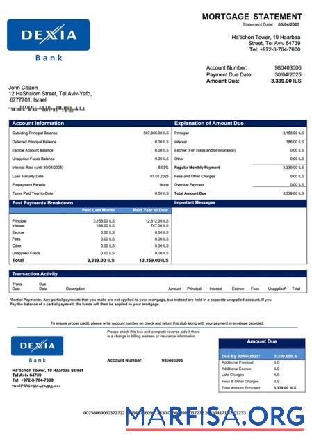 Downloadable Israel Dexia Bank mortgage statement Word and PDF template